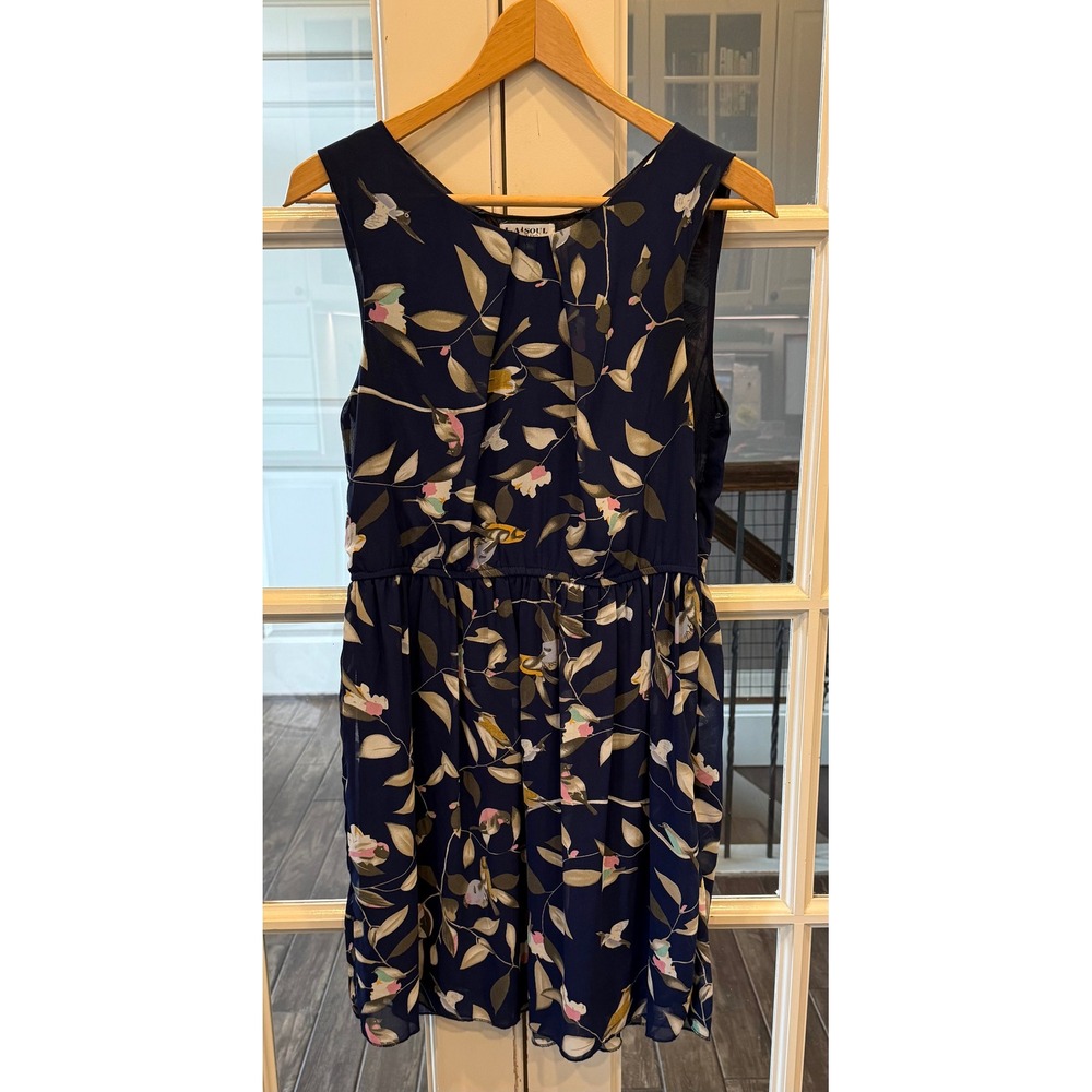 LA Soul Navy Blue Bird Floral Print Sleeveless Chiffon Fit Flare Dress Size M